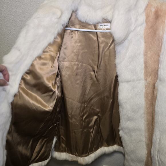 Genuine Rabbit Fur Jacket Cream & Tan French Origin Satin Lined Hook & Eye Med - Picture 13 of 14